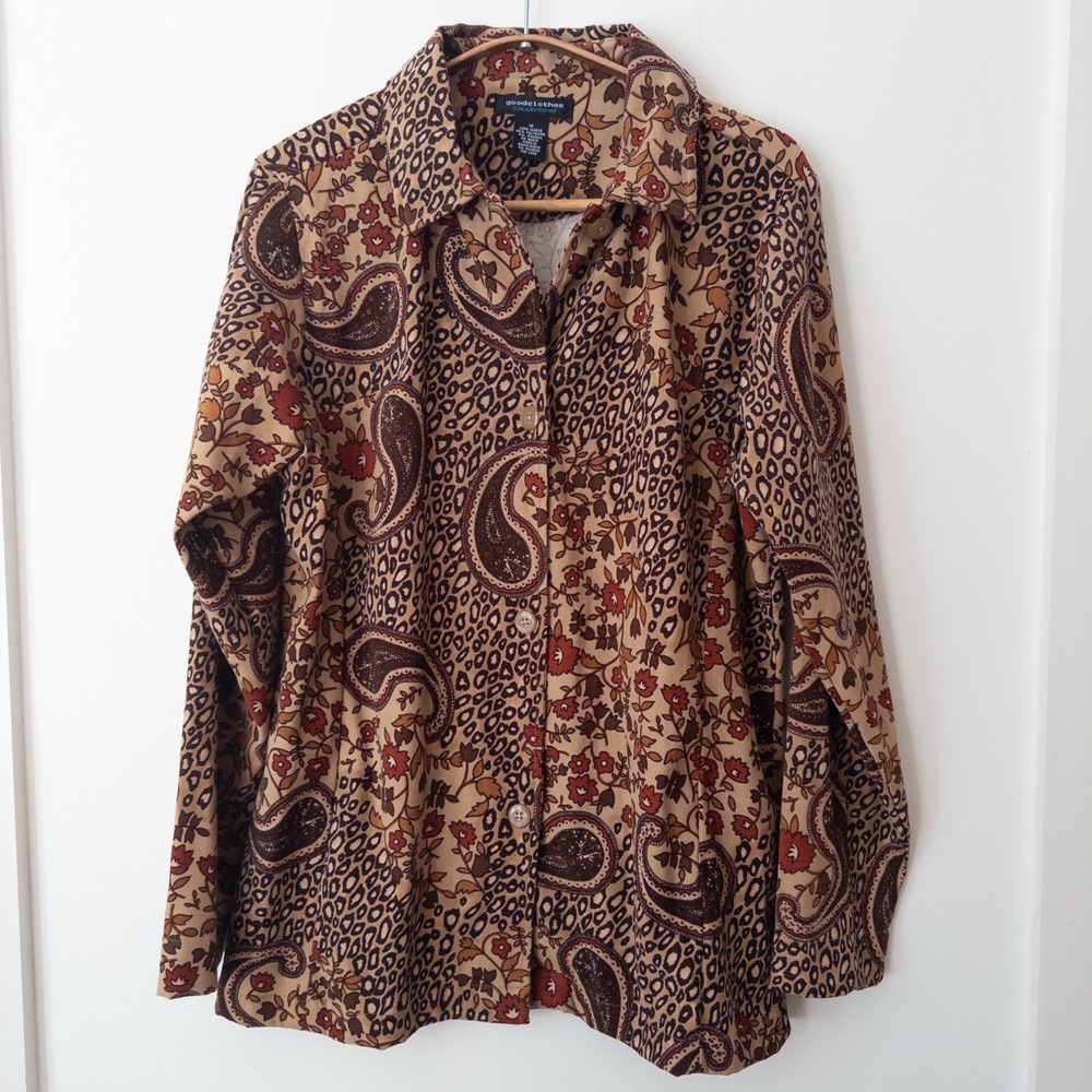 Y2K Button Up‎ Shirt Womens M Boho 90s Paisley Brown Earthy Grunge Indie Sleaze